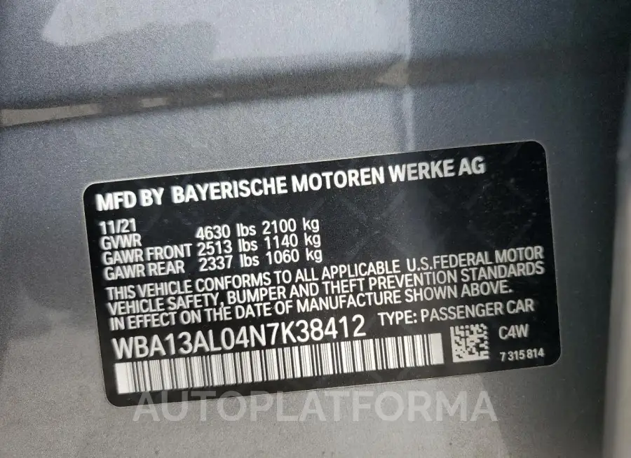 BMW M235XI 2022 vin WBA13AL04N7K38412 from auto auction Copart