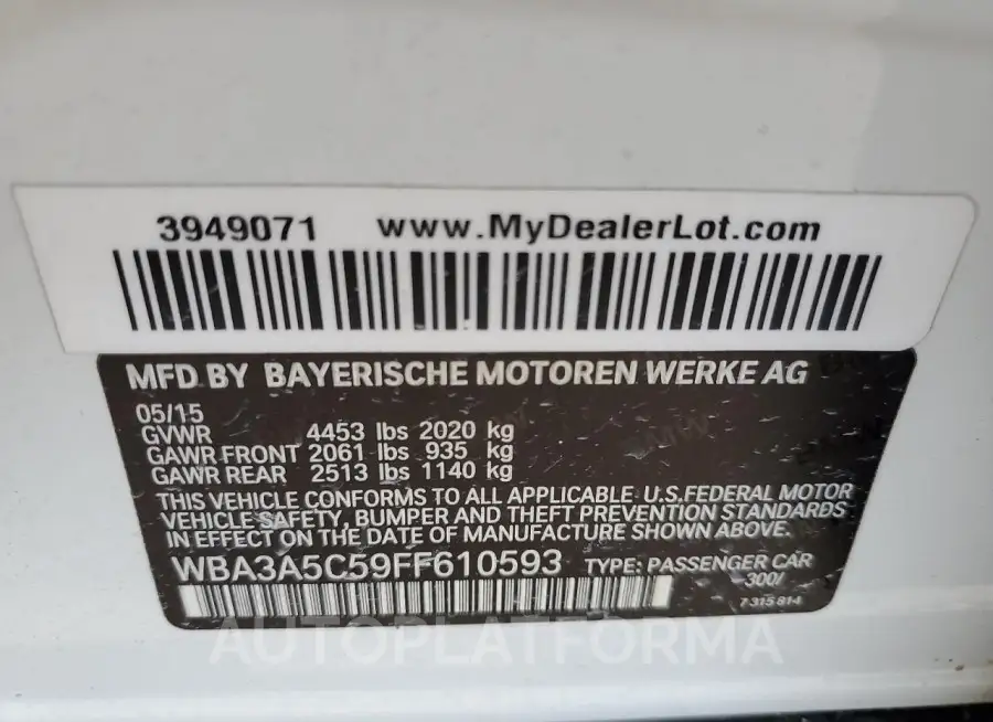 BMW 328 I 2015 vin WBA3A5C59FF610593 from auto auction Copart