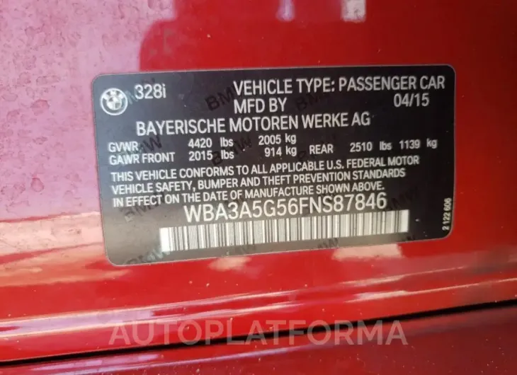 BMW 328 I 2015 vin WBA3A5G56FNS87846 from auto auction Copart