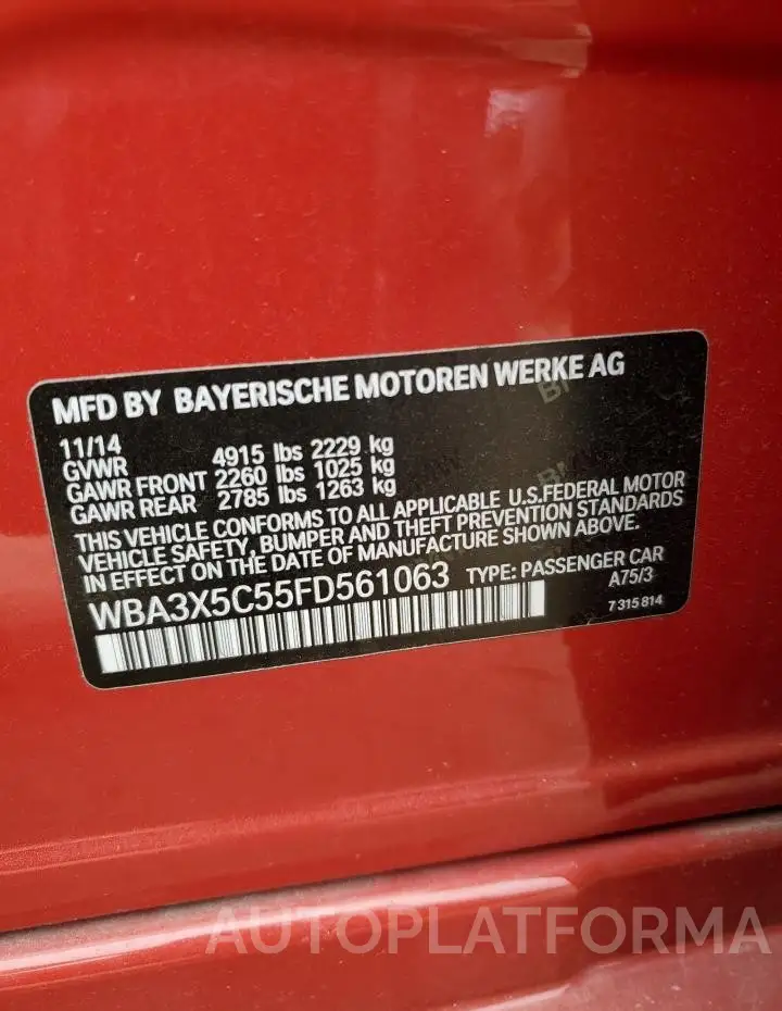 BMW 328 XIGT 2015 vin WBA3X5C55FD561063 from auto auction Copart