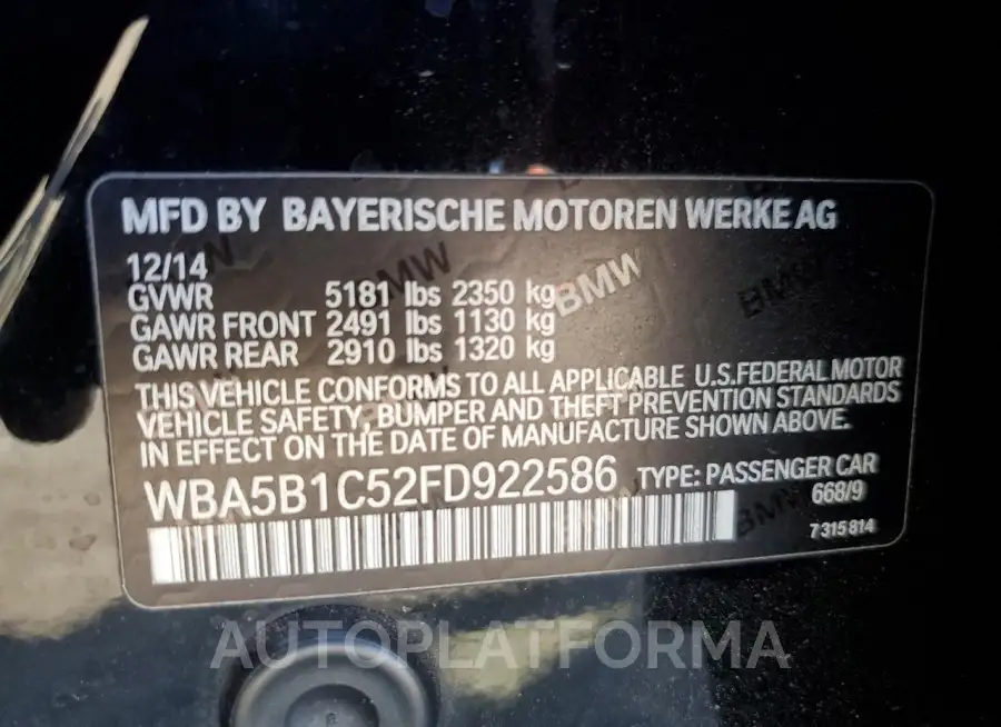 BMW 535 I 2015 vin WBA5B1C52FD922586 from auto auction Copart