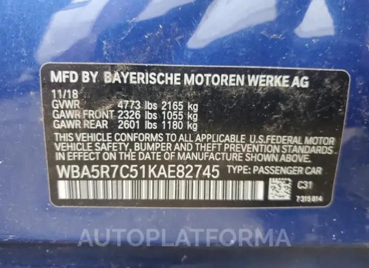 BMW 330XI 2019 vin WBA5R7C51KAE82745 from auto auction Copart