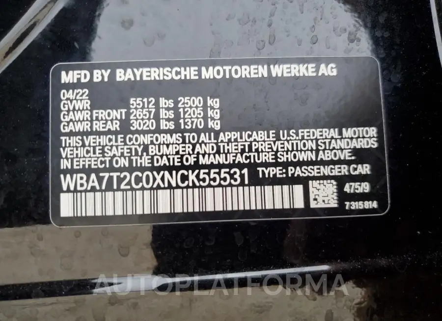 BMW 740 I 2022 vin WBA7T2C0XNCK55531 from auto auction Copart