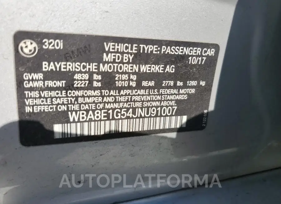 BMW 320 I 2018 vin WBA8E1G54JNU91007 from auto auction Copart