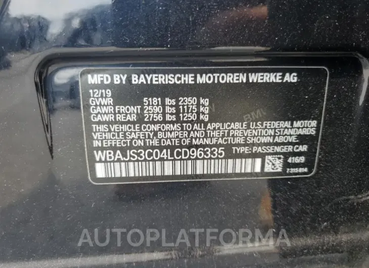 BMW 540 XI 2020 vin WBAJS3C04LCD96335 from auto auction Copart