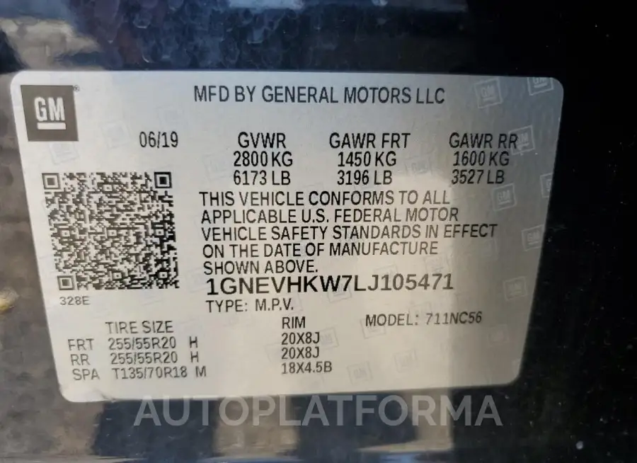 CHEVROLET TRAVERSE L 2020 vin 1GNEVHKW7LJ105471 from auto auction Copart