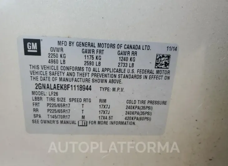 CHEVROLET EQUINOX LS 2015 vin 2GNALAEK8F1118944 from auto auction Copart