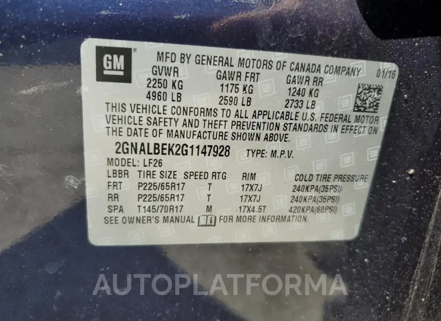 CHEVROLET EQUINOX LS 2016 vin 2GNALBEK2G1147928 from auto auction Copart