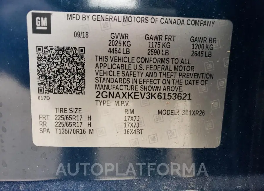 CHEVROLET EQUINOX LT 2019 vin 2GNAXKEV3K6153621 from auto auction Copart