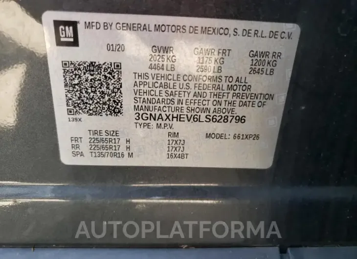 CHEVROLET EQUINOX LS 2020 vin 3GNAXHEV6LS628796 from auto auction Copart