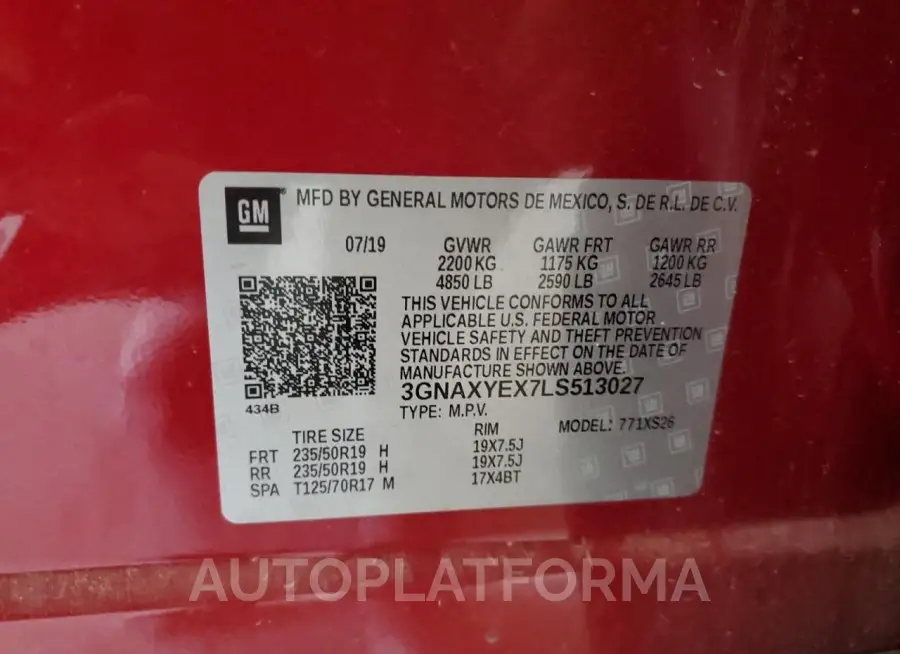 CHEVROLET EQUINOX PR 2020 vin 3GNAXYEX7LS513027 from auto auction Copart