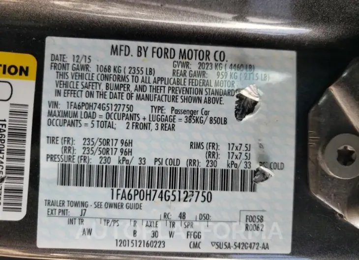 FORD FUSION SE 2016 vin 1FA6P0H74G5127750 from auto auction Copart