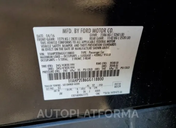 FORD TAURUS SEL 2016 vin 1FAHP2E86GG118800 from auto auction Copart