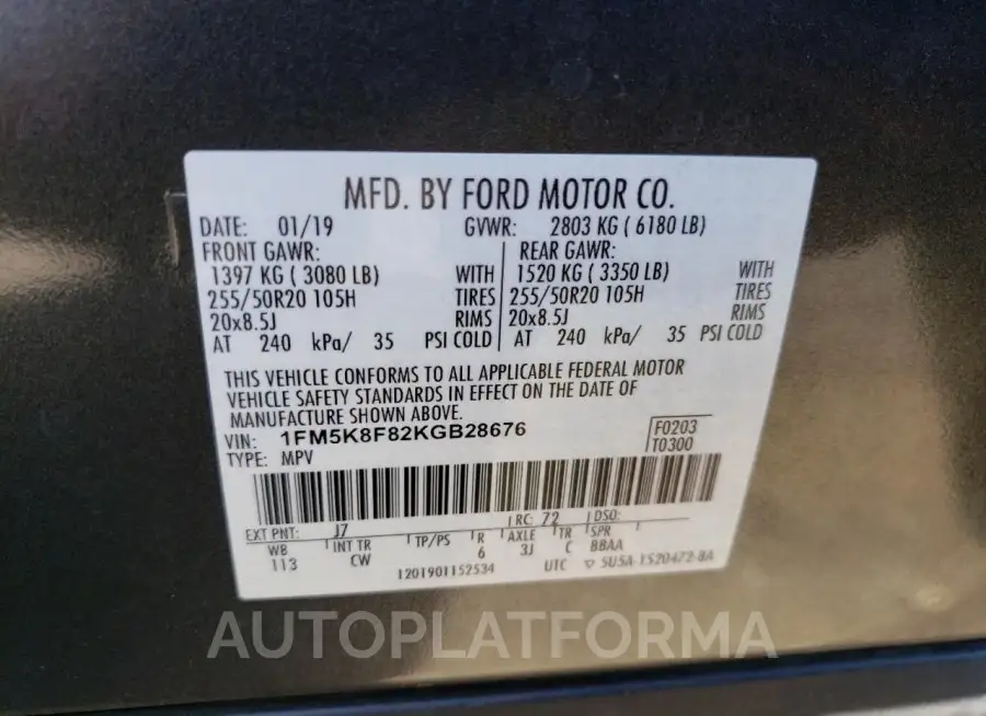 FORD EXPLORER L 2019 vin 1FM5K8F82KGB28676 from auto auction Copart