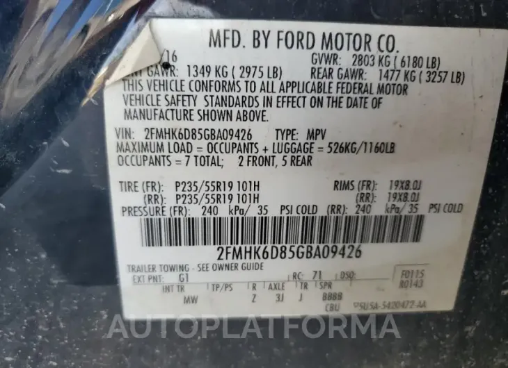 FORD FLEX LIMIT 2016 vin 2FMHK6D85GBA09426 from auto auction Copart