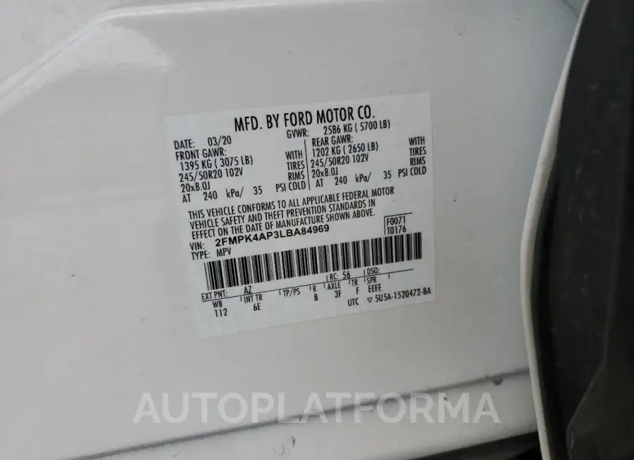 FORD EDGE ST 2020 vin 2FMPK4AP3LBA84969 from auto auction Copart