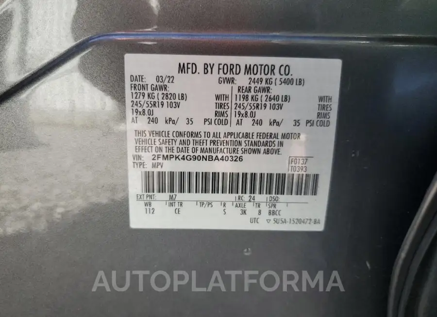 FORD EDGE SE 2022 vin 2FMPK4G90NBA40326 from auto auction Copart