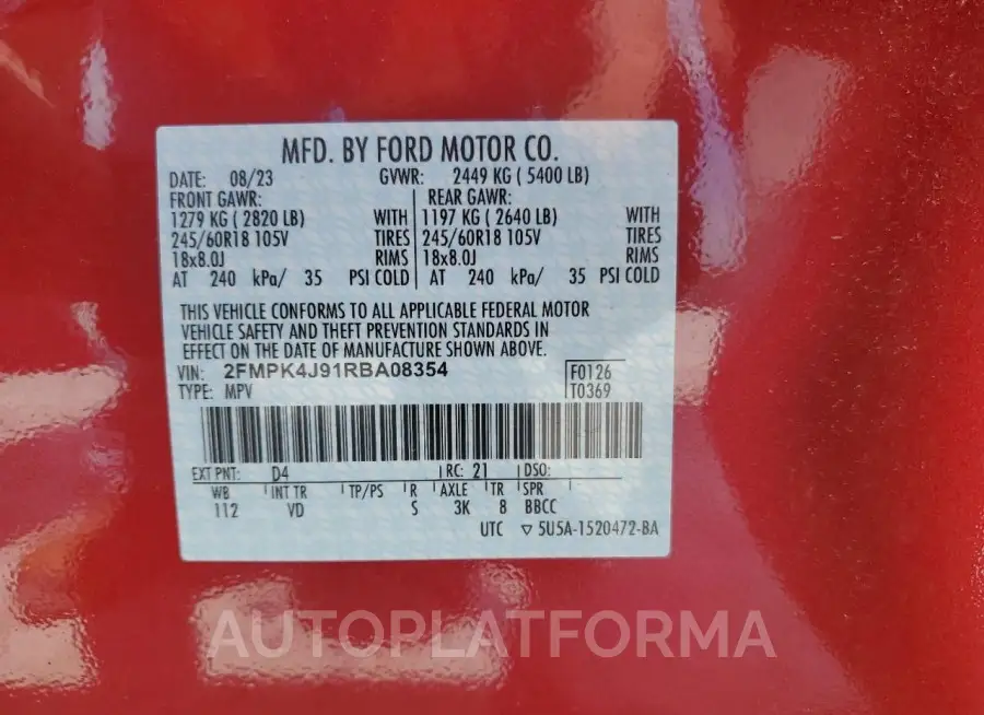 FORD EDGE SEL 2024 vin 2FMPK4J91RBA08354 from auto auction Copart