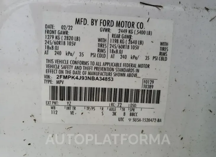 FORD EDGE SEL 2022 vin 2FMPK4J93NBA34853 from auto auction Copart