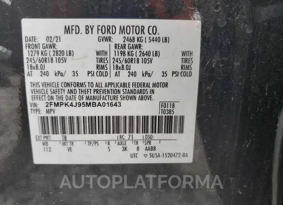 FORD EDGE SEL 2021 vin 2FMPK4J95MBA01643 from auto auction Copart