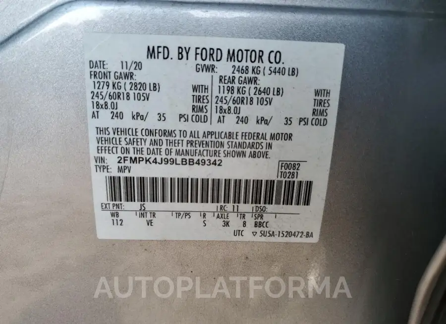 FORD EDGE SEL 2020 vin 2FMPK4J99LBB49342 from auto auction Copart