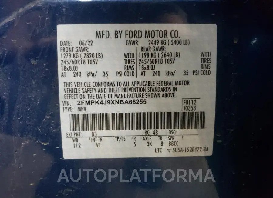 FORD EDGE SEL 2022 vin 2FMPK4J9XNBA68255 from auto auction Copart