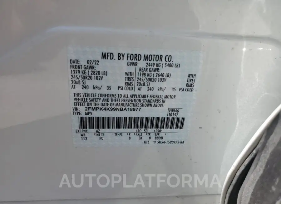 FORD EDGE TITAN 2022 vin 2FMPK4K99NBA18977 from auto auction Copart