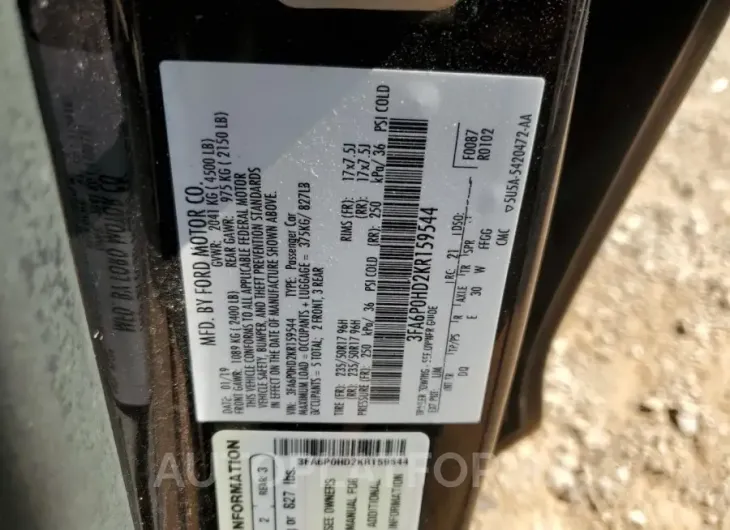 FORD FUSION SE 2019 vin 3FA6P0HD2KR159544 from auto auction Copart