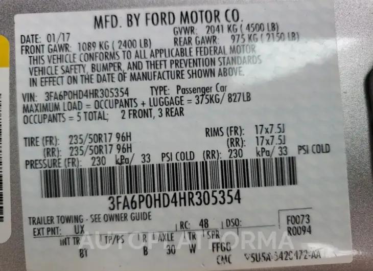 FORD FUSION SE 2017 vin 3FA6P0HD4HR305354 from auto auction Copart