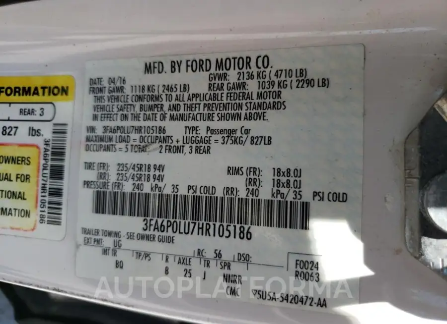 FORD FUSION SE 2017 vin 3FA6P0LU7HR105186 from auto auction Copart