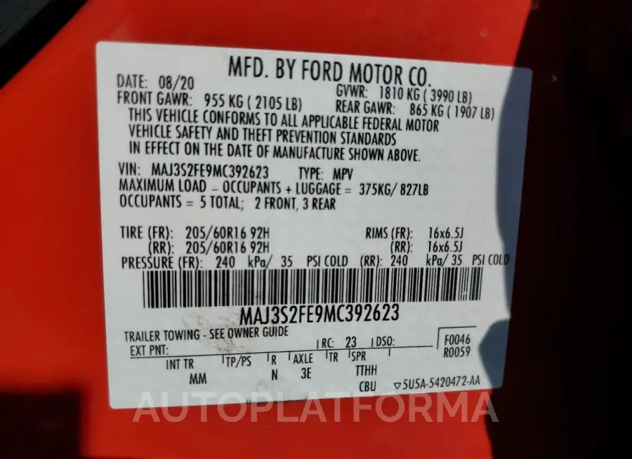 FORD ECOSPORT 2021 vin MAJ3S2FE9MC392623 from auto auction Copart