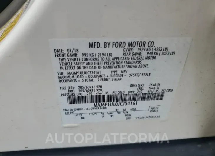 FORD ECOSPORT S 2018 vin MAJ6P1UL0JC234161 from auto auction Copart