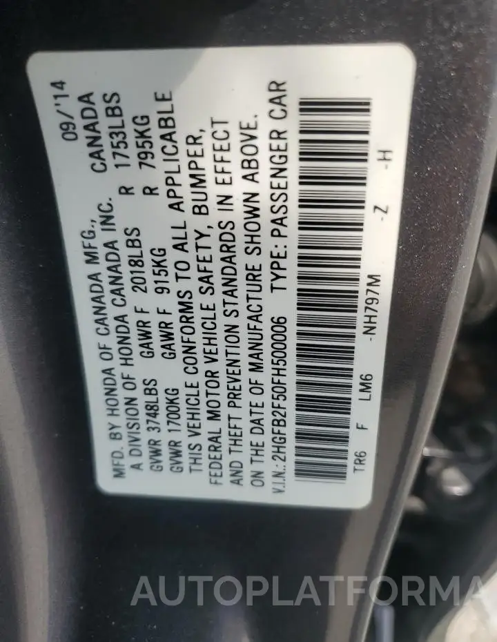 HONDA CIVIC LX 2015 vin 2HGFB2F50FH500006 from auto auction Copart