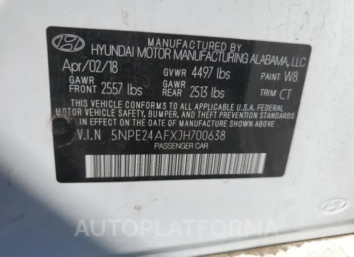 HYUNDAI SONATA SE 2018 vin 5NPE24AFXJH700638 from auto auction Copart