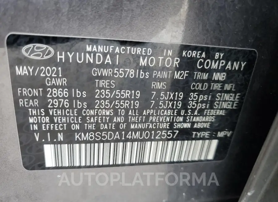 HYUNDAI SANTA FE L 2021 vin KM8S5DA14MU012557 from auto auction Copart