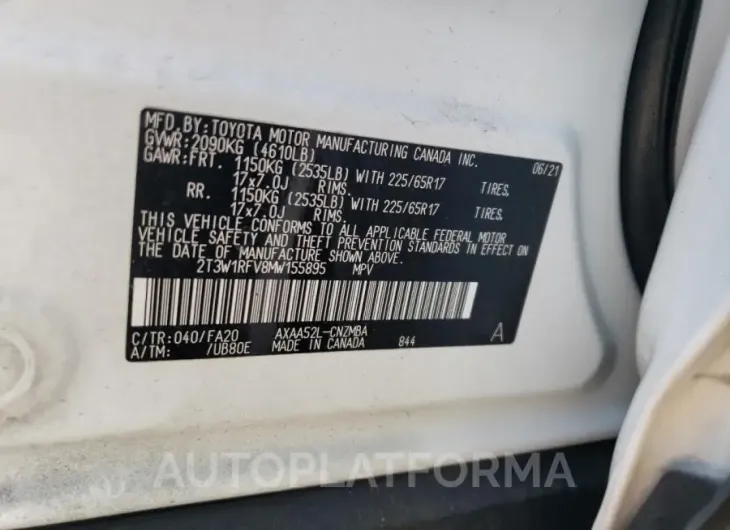 TOYOTA RAV4 XLE 2021 vin 2T3W1RFV8MW155895 from auto auction Copart