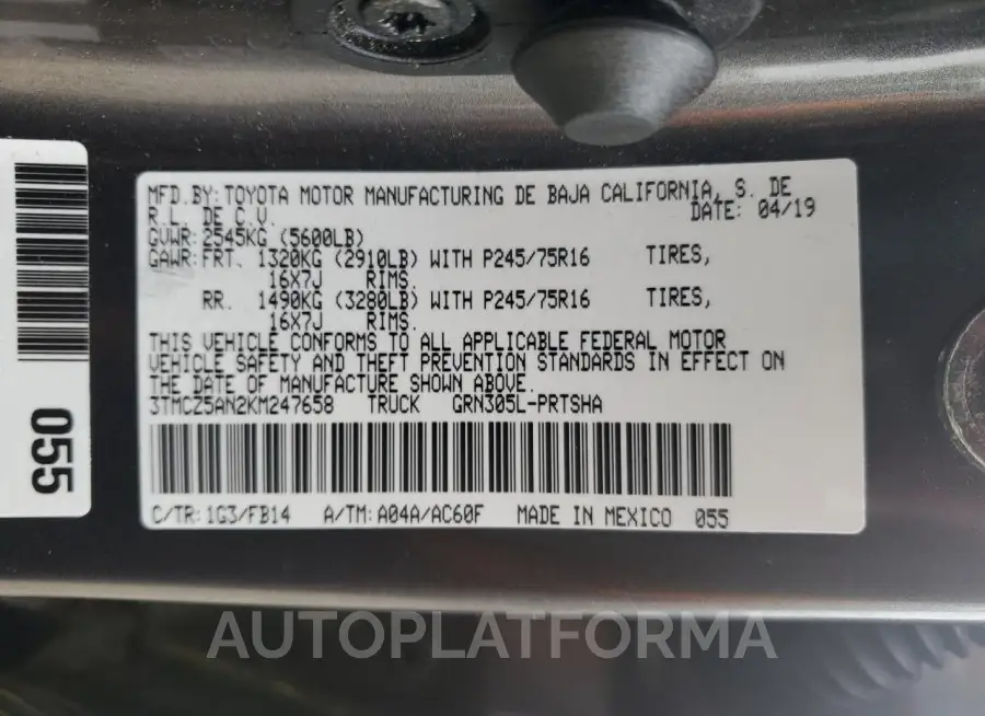 TOYOTA TACOMA 2019 vin 3TMCZ5AN2KM247658 from auto auction Copart