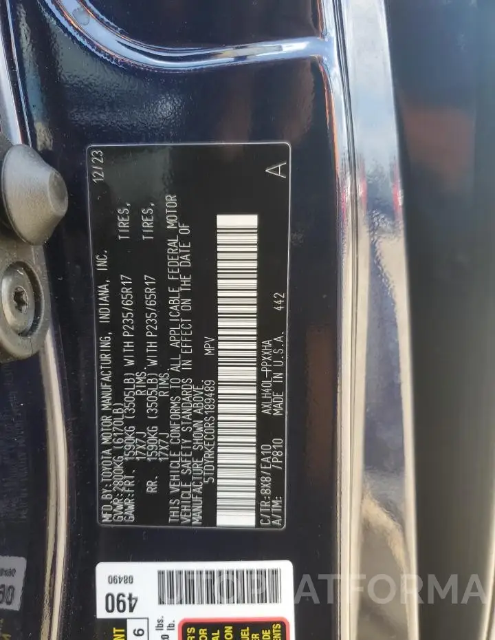 TOYOTA SIENNA XLE 2024 vin 5TDYRKEC0RS189489 from auto auction Copart