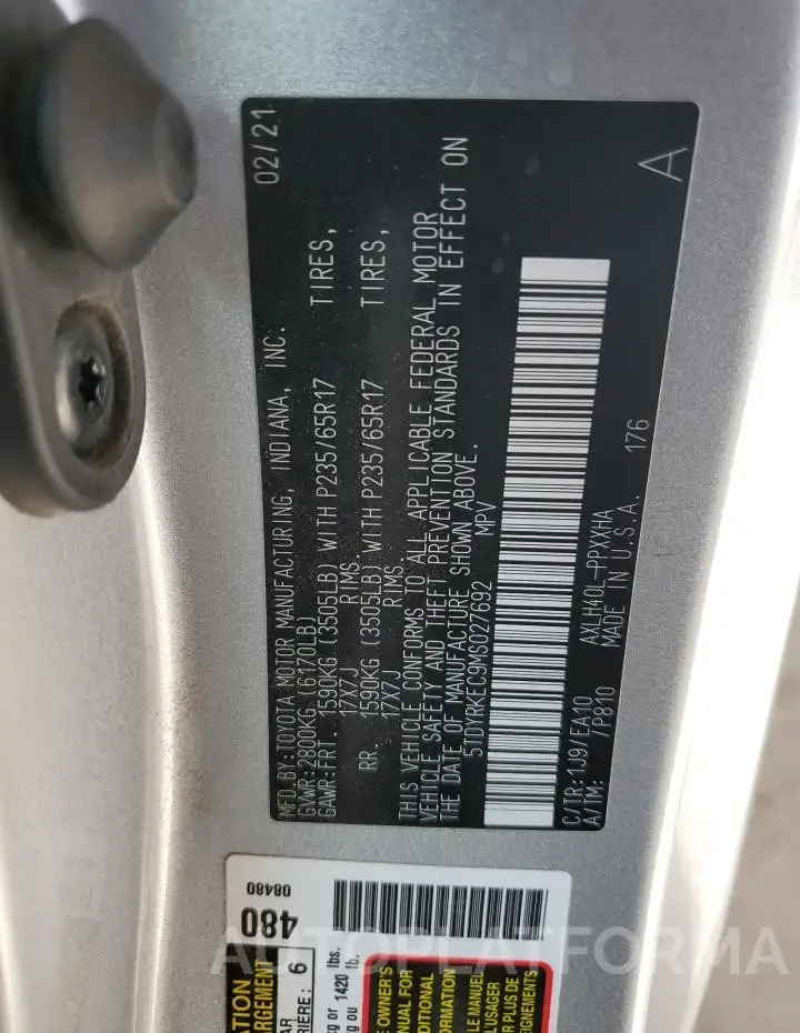 TOYOTA SIENNA XLE 2021 vin 5TDYRKEC9MS027692 from auto auction Copart