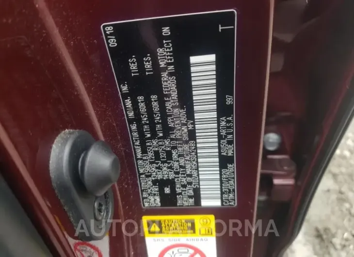 TOYOTA HIGHLANDER 2019 vin 5TDZARFH5KS042489 from auto auction Copart