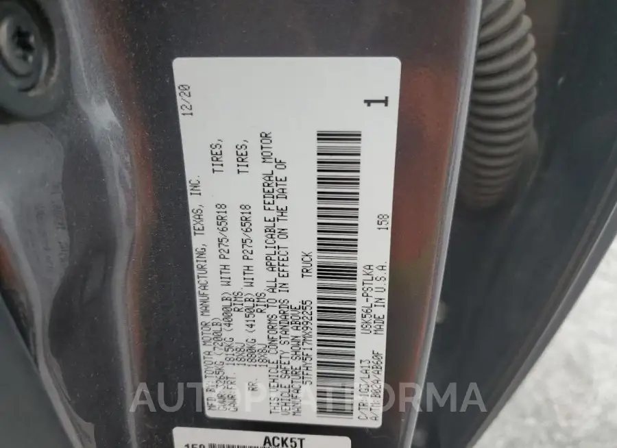 TOYOTA TUNDRA CRE 2021 vin 5TFHY5F17MX992255 from auto auction Copart