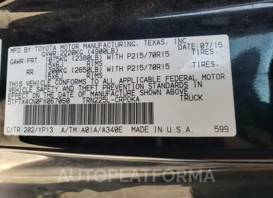 TOYOTA TACOMA ACC 2015 vin 5TFTX4CN0FX067060 from auto auction Copart