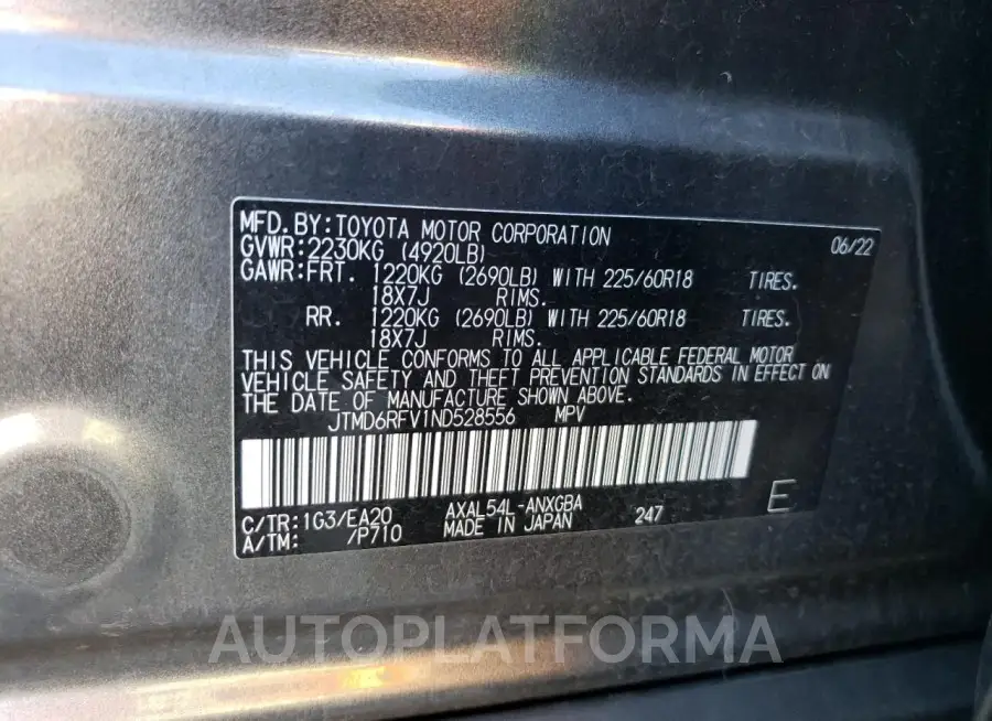 TOYOTA RAV4 LIMIT 2022 vin JTMD6RFV1ND528556 from auto auction Copart