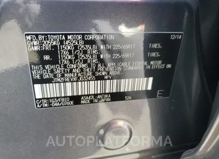 TOYOTA RAV4 LE 2015 vin JTMZFREVXFJ032455 from auto auction Copart