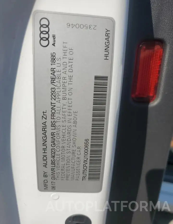 AUDI TT 2018 vin TRUT5CFVXJ1000656 from auto auction Copart