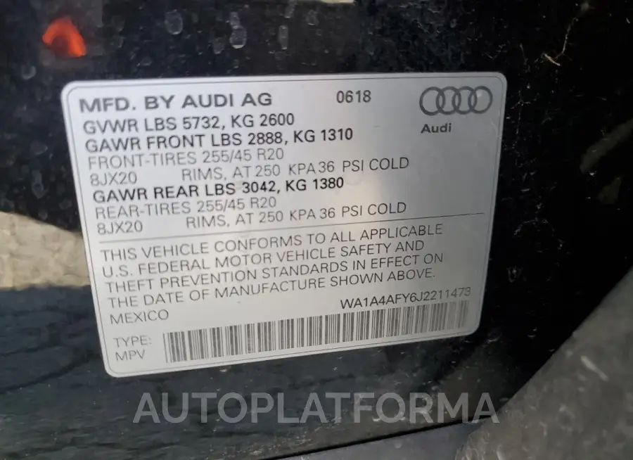 AUDI SQ5 PREMIU 2018 vin WA1A4AFY6J2211473 from auto auction Copart