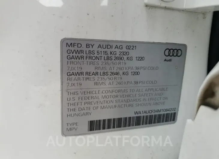 AUDI Q3 PREMIUM 2021 vin WA1AUCF34M1084202 from auto auction Copart