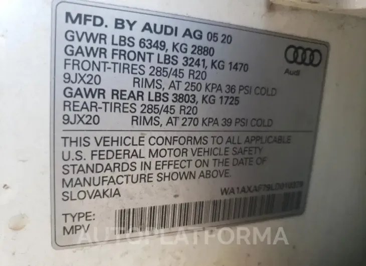 AUDI Q7 PREMIUM 2020 vin WA1AXAF79LD010379 from auto auction Copart