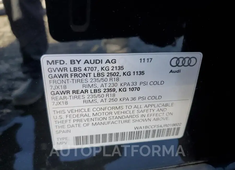 AUDI Q3 PREMIUM 2018 vin WA1BCCFS4JR018602 from auto auction Copart