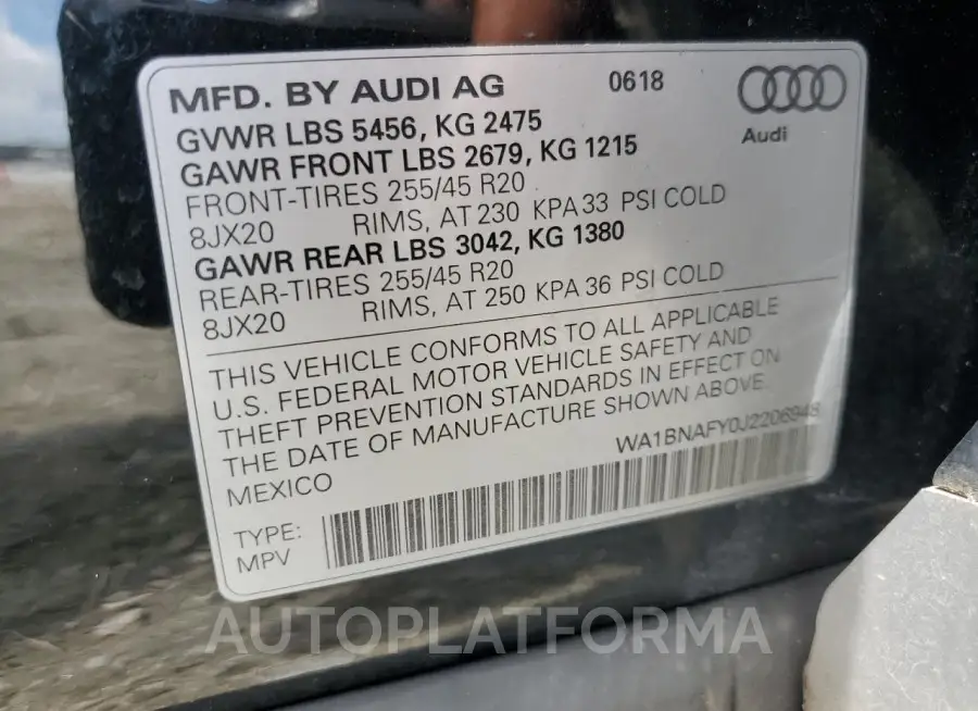 AUDI Q5 PREMIUM 2018 vin WA1BNAFY0J2206948 from auto auction Copart